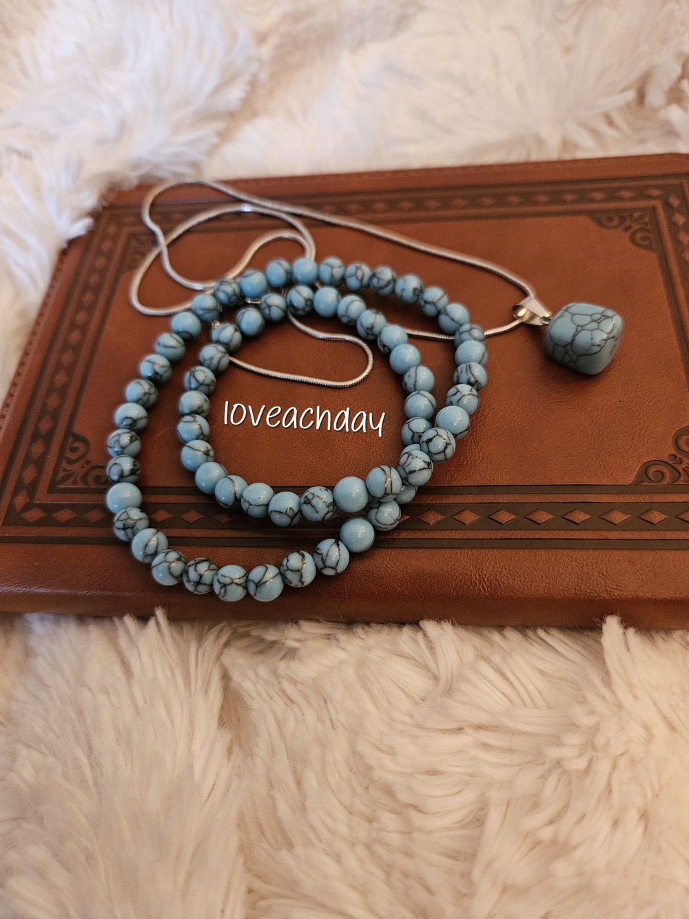 Turquoise☆Beaded Necklace and Double Wrap Bracelet Set - Picture 2 of 3